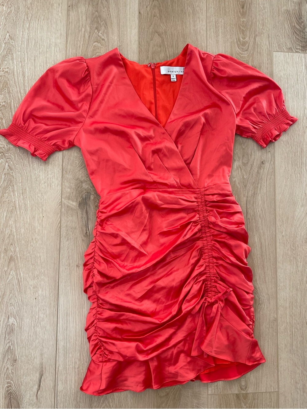 Adelyn Rae Orange-Red Ruched Wrap Mini Sateen Dress - Picture 3 of 5